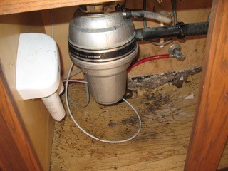 Water and mold damaged in kitchen cabinet.
